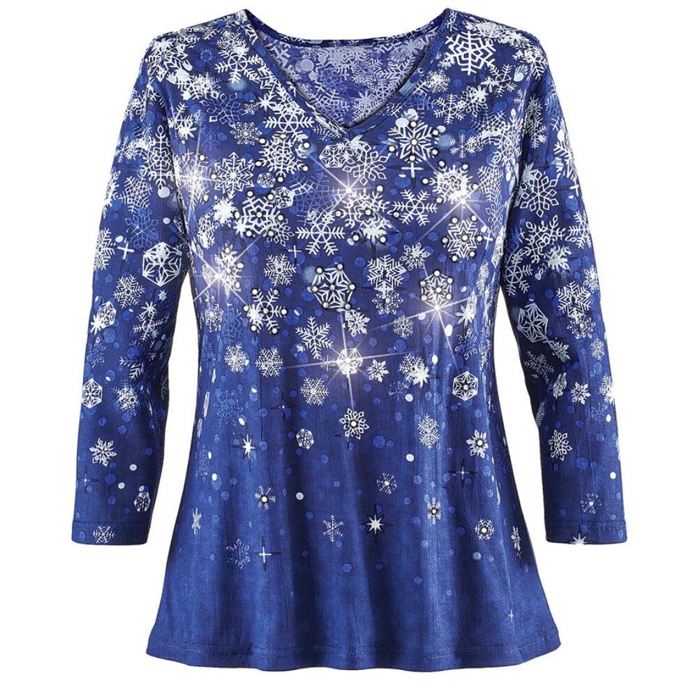 New XXL Sparkling Sequin Snow Flurries Christmas Holiday 3/4 Sleeves Knit Top